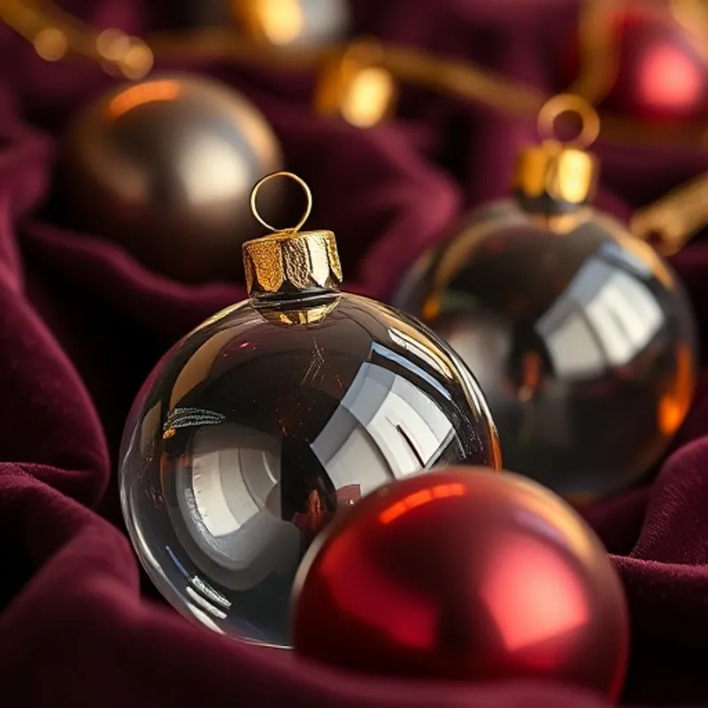 Boules de Noël en verre soufflé sur fond velours, reflets dorés et bordeaux